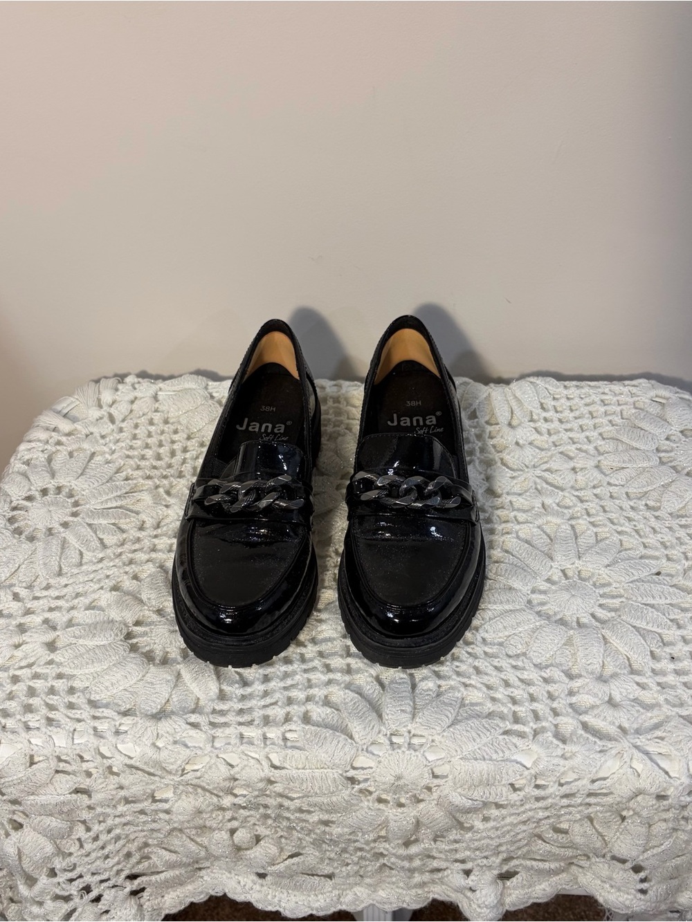 Black Patent Platform Loafers with Chain Accent